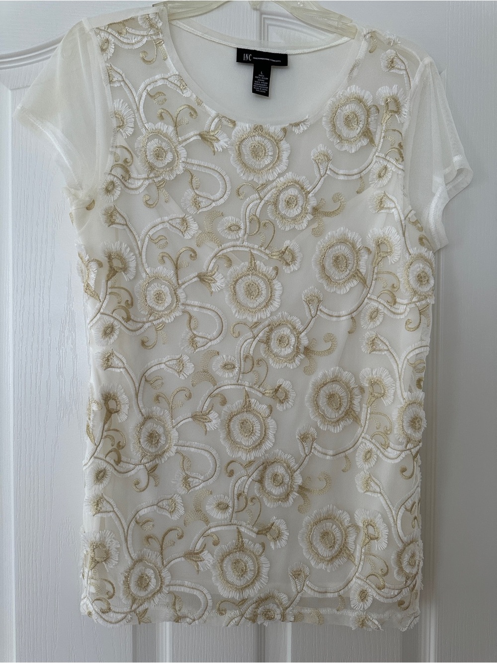 INC International Concepts Cream & Gold Floral Embroidered Midi Dress